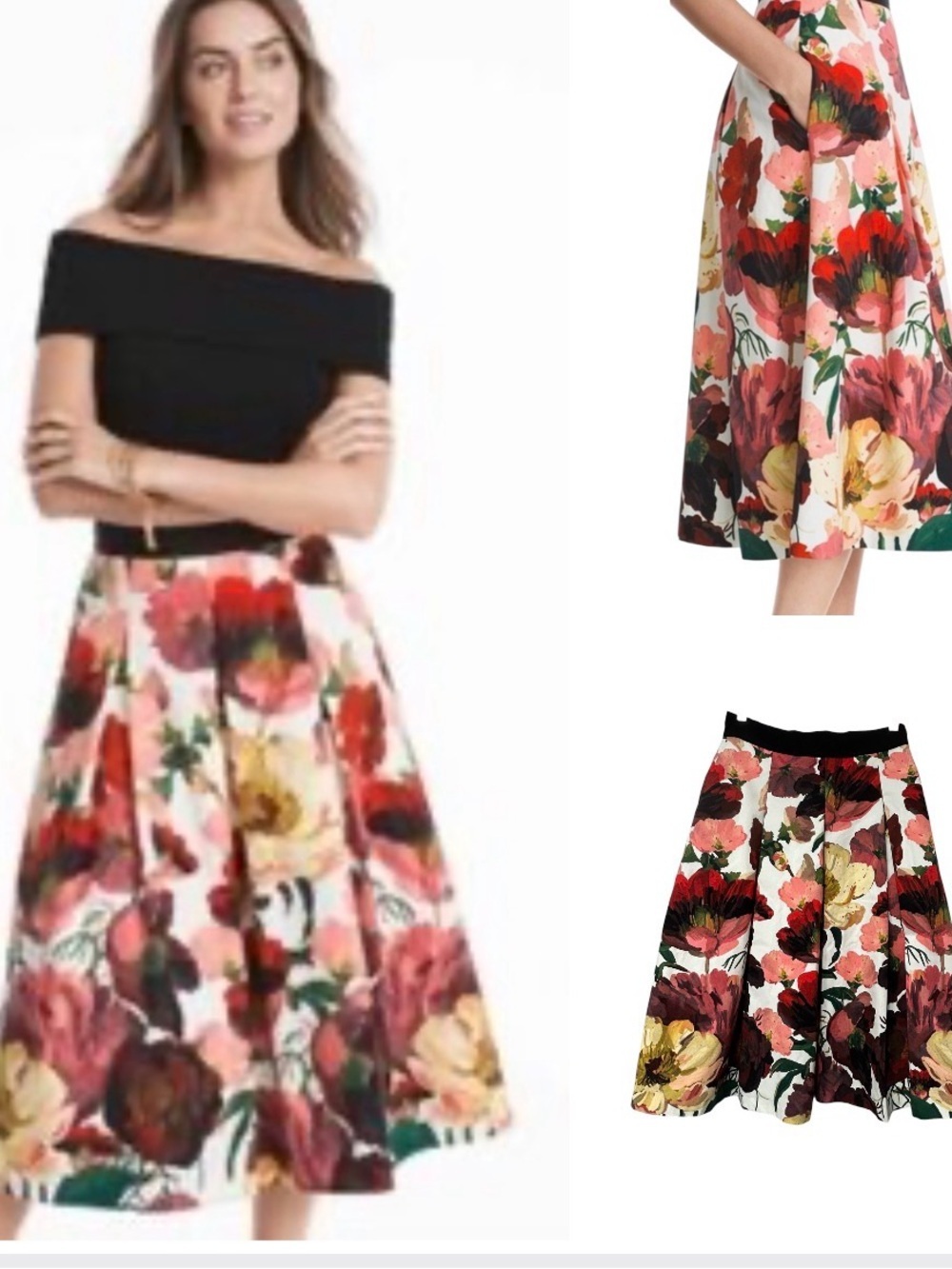 White House Black Market pleated poppy floral midi skirt